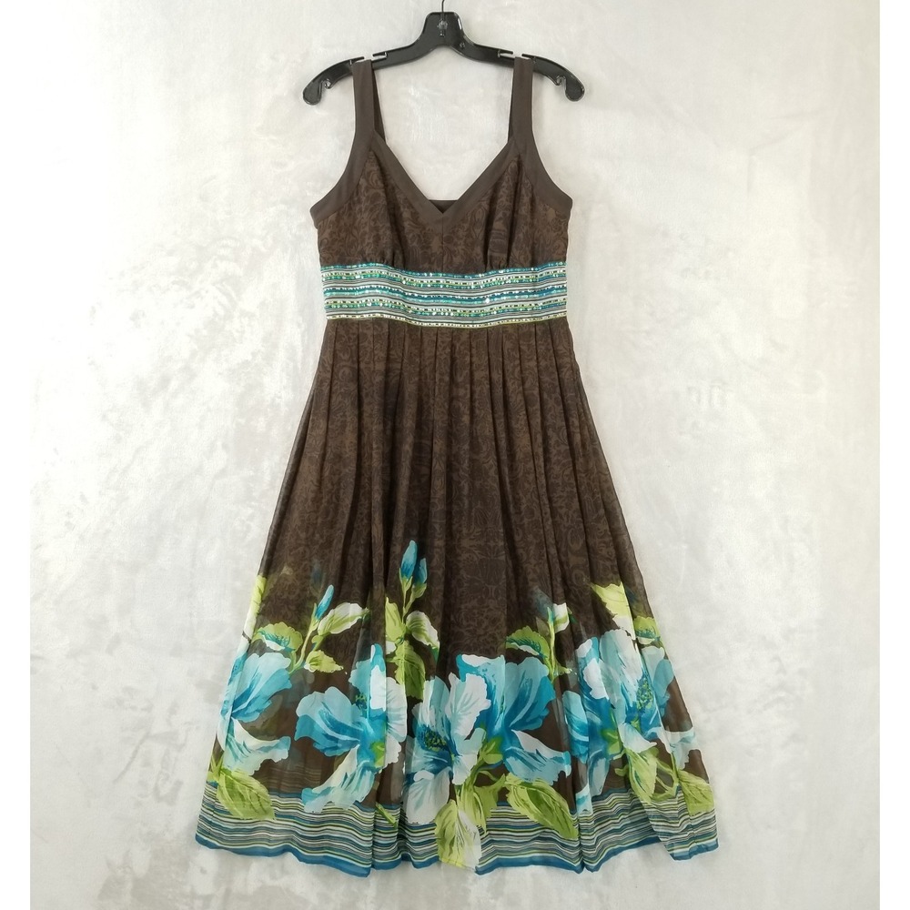 Vintage Maxi Dress Women 12 Floral 100% Silk Sequins Boho Vacation Occasion